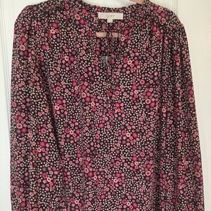 LOFT Women's Tie Front Floral Pink and Black Mixed Media Blouse